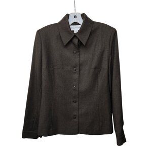 Vintage Rena Rowan Button Up Front Blazer Shoulder Pads 8 Brown Wool Classic